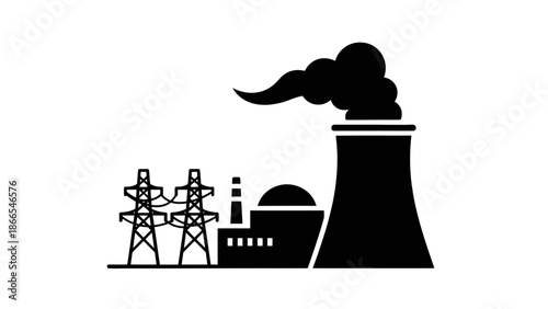 Industrial Power Plant with Cooling Tower and Pylons, Isolated White Background