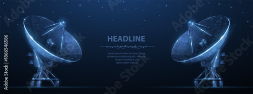 Parabolic antenna. Abstract 3d satellite antenna. Radio telecommunication, astronomical telescope, military radar, universe research observatory, data transmit, satellite signal receiver concept

