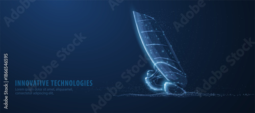 Windsurfing. Man on sailboard surfing on the sea. Extremal sport activity, sailing windsurf, vacation on ocean, outdor adventure, fun rest, speed and power concept. Abstract low pole illustraition.

