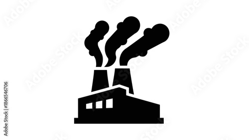 Black Silhouette Industrial Factory Icon Emitting Smoke from Chimneys on Isolated White Background