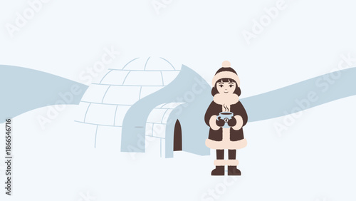 Cute Cartoon Girl Relaxing With Hot Beverage Near An Igloo In A Snowy Landscape