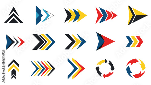 Collection of Colorful Arrow Icons, Navigation and Direction Pointers on Isolated White Background