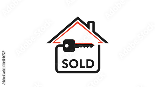 House Outline with Key and "SOLD" Text in Box, Real Estate Property Sale Icon on Isolated White Background