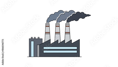 Cartoon Industrial Factory Building with Chimneys Emitting Smoke, Air Pollution Concept on Isolated White Background
