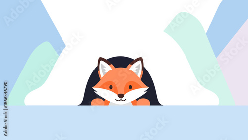 Cute Fox Peeking Out From Its Den In A Snowy Landscape Vector Illustration