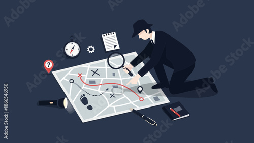 Detective Planning A Case Inspecting A Map With Tools And Evidence Markers