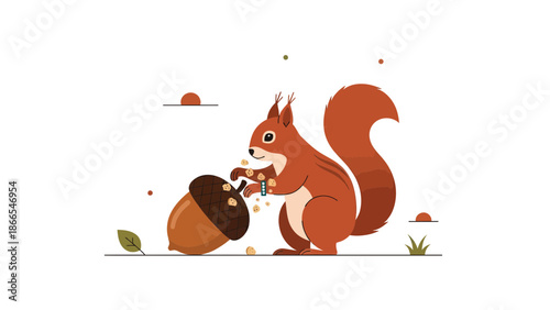 Cute Squirrel Peeling Acorn Kernel Autumnal Scene Flat Design Illustration