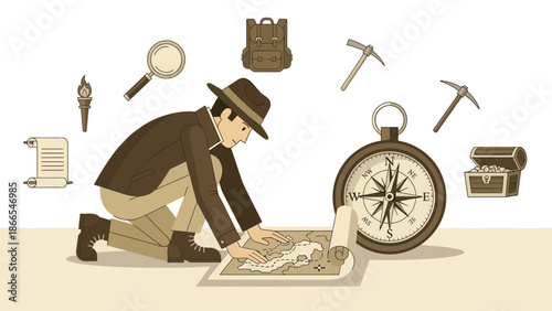 Determined Explorer Deciphering An Ancient Map In Search Of Buried Treasures