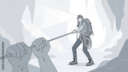 Determined Female Climber Ascending Underground Cave with Rope and Headlamp