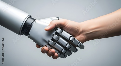 Close-up of a handshake between a human hand and a metallic robotic hand, symbolizing partnership in technology and AI.