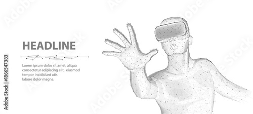 A man using a VR device for an immersive virtual experience in a metaverse. Virtual reality, 3D metaverse experience, augmented reality, AI technology, entertainment industry, educational learning

