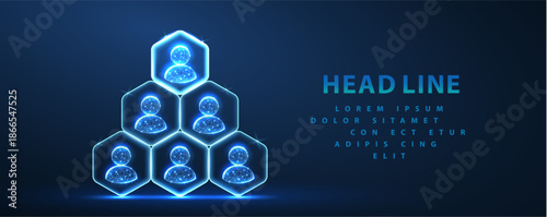 HR manage. Abstract pyramid of hexagons with people icons and leader on top. Manage human resource, team leader, recruitment process, change personnel, career growth, HR leadership concept

