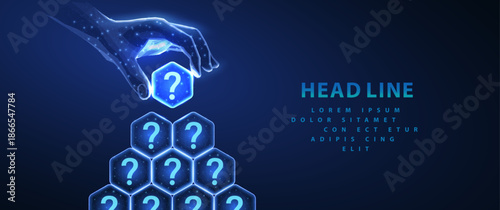 Questions pile. Question mark icons on hexagons make a pyramid and hand holding the top element. Customer FAQ, digital technology, AI integration, service innovation, creative answers, FAQ concept

