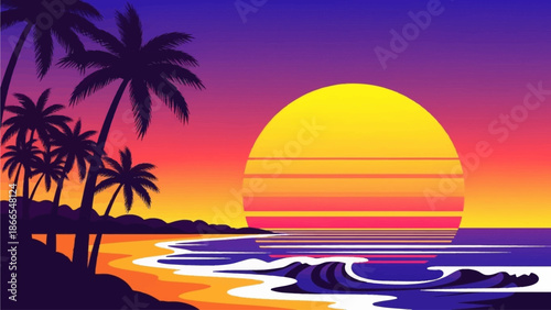 Retro 80s Synthwave Sunset Beach Palm Trees Vector