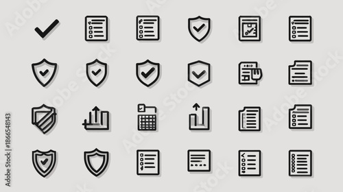 Business, Finance & Security Icons: Flat Design Collection with Checkmarks, Shields, Documents, Charts, Calculator for Web & Apps