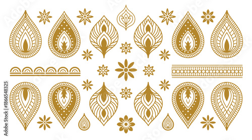 Thai decorative graphic elements set with golden lotus, Kanok patterns, flame motifs and floral ornaments in traditional Thai style for luxury cultural branding, borders, dividers and elegant design