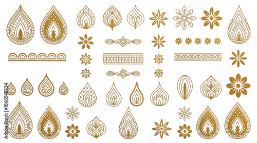 Thai decorative graphic elements set with golden lotus, Kanok patterns, flame motifs and floral ornaments in traditional Thai style for luxury cultural branding, borders, dividers and elegant design