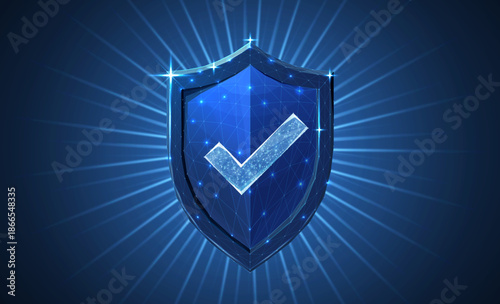 Secure technology. Polygonal wireframe shield with check mark sign on dark blue. Secure service, protect data, cyber shield, antivirus solution, internet safety, firewall system, privacy concept

