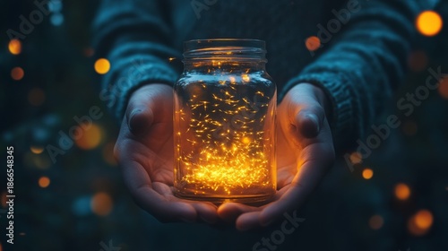 hands holding a clear jar filled with fireflies glowing at night. generative ai