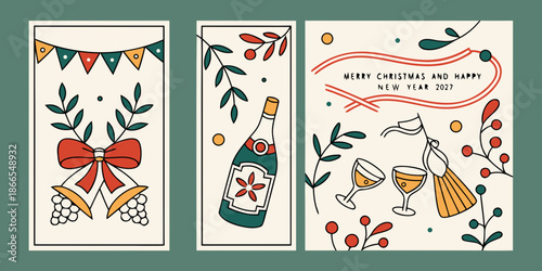 2021 Holiday Greeting Card Vector – Garland, Champagne, Party Hat, and Festive Decor in Three-Panel Celebration Design