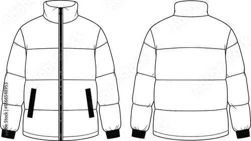 Puffer jacket technical sketch, fashion flat drawing, winter coat vector, quilted outerwear illustration, CAD apparel design, garment template