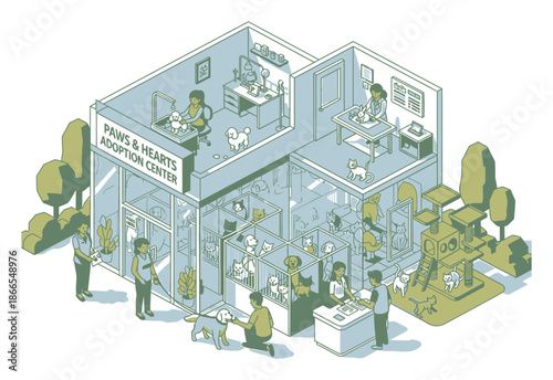 Pet Adoption Shelter - Isometric Vector Illustration