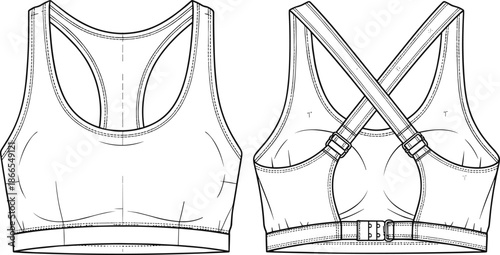 Sports bra technical fashion sketch, front and back view, vector apparel design, activewear template, flat drawing, garment construction, cad drawing flat vector illustration