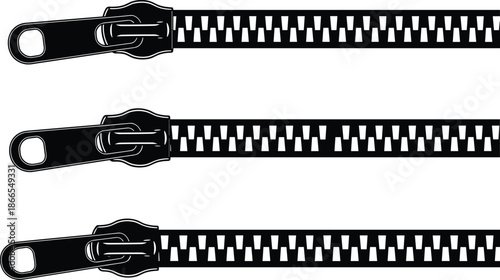 Zipper vector illustration, black slider, closed position, horizontal alignment, fashion accessory, garment detail, textile fastener, realistic design, apparel component, seamless teeth