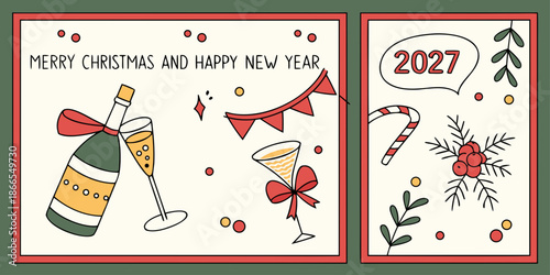 Merry Christmas & Happy New Year 2027 – Champagne, Candy Cane, and Holly in a Red-Green-Gold Holiday Design