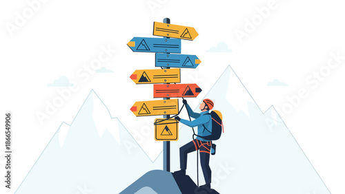 Climber Reaching A Mountain Peak Standing Near Directional Signs Post Vector