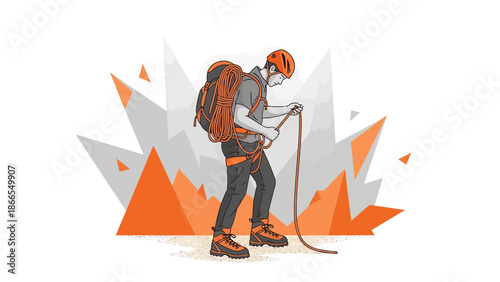 Climber Preparing Gear For Upward Journey On Jagged Mountain Design