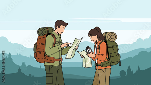 Couple On Adventure Trip Using Map And Compass For Direction in Wilderness
