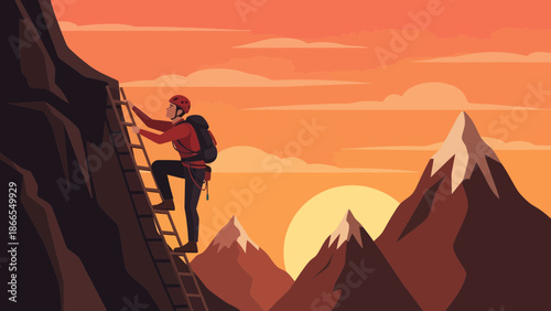 Climbing To Success Reaching Peak Goals Under Sunlit Sky Vector Illustration