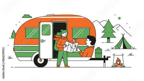 Couple Planning Road Trip Adventure At Campsite Near Retro Travel Trailer