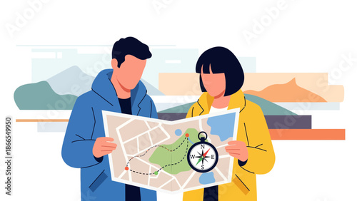 Couple Planning Route With Map And Compass For Outdoor Adventure Together