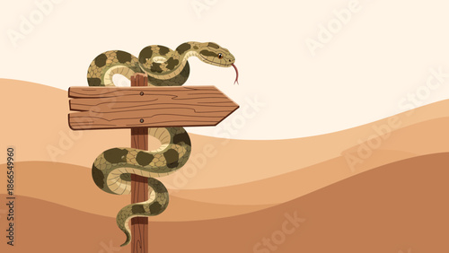 Coiled Serpent Guarding Wooden Signpost In Desert Landscape Graphic Illustration