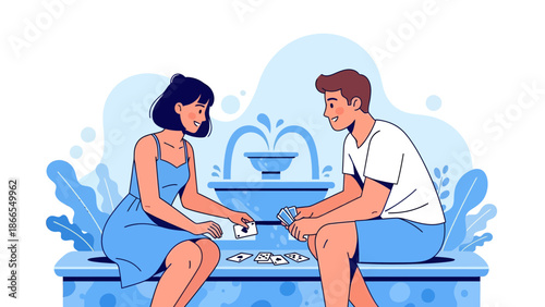 Couple Playing Cards Near a Fountain in a Leisurely and Joyful Summer Setting