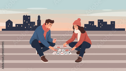 Couple Playing Cards On City Steps Enjoying Leisure Time Together in Urban Environment