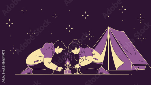 Couple Setting Up Camp Under Starry Night Sky Together Adventure Begins