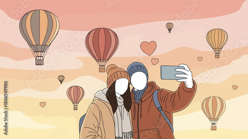 Couple Taking A Selfie With Hot Air Balloons In The Background Illustration