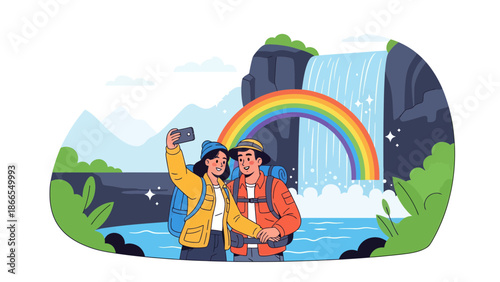 Couple Taking Selfie At Waterfall During Adventure Trip Exploring Nature Outdoors