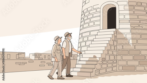 Couple Touring Historical Landmark With Architectural Staircase In Summer Holiday