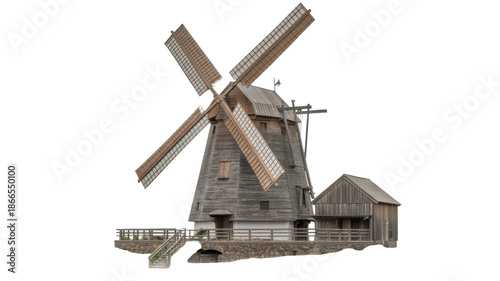 Rustic wooden windmill and outbuilding