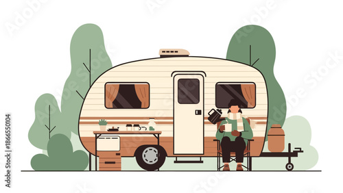 Cozy Camping Experience With Rv And Hot Drink In Nature Vector Illustration