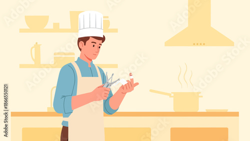 Concentrated Chef Carefully Plating Food In Restaurant Kitchen With Precision