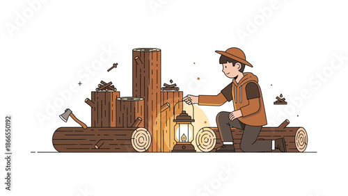 Cozy Evening Camping Scene With Boy And Lantern Amidst Wood Elements