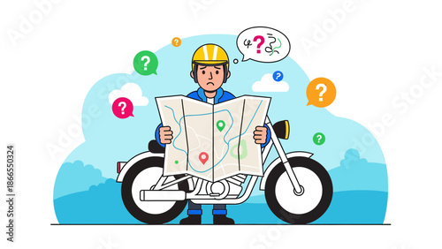 Confused Motorcyclist Reading A Map With Question Marks Floating Around Him