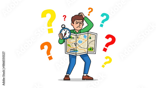 Confused Man Holding Map And Compass Surrounded By Colorful Question Marks