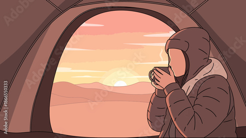 Cozy Morning In Tent, Woman Sipping Hot Beverage While Enjoying Sunrise View