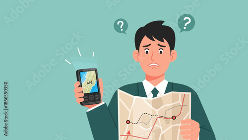 Confused Man Holding Gps Device And Paper Map Facing Navigation Problems